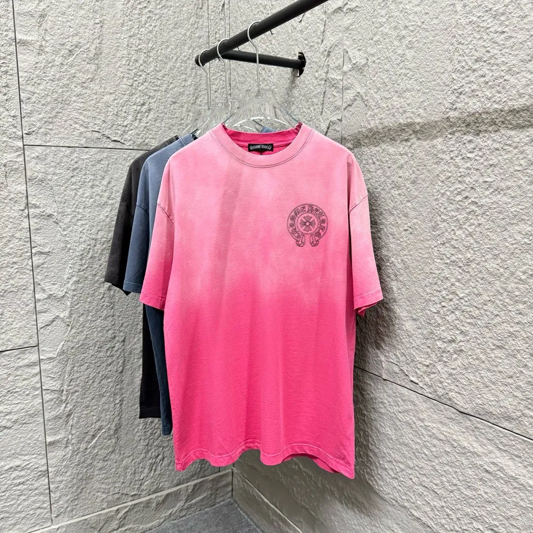 🅿️200 CH Croix Heart 2025 Summer New Style Heavy Acid Washing Gradient Distressing Chest Logo Classic Embroidery Customized Fabric Short Sleeve T-shirt Unisex Size: S M L